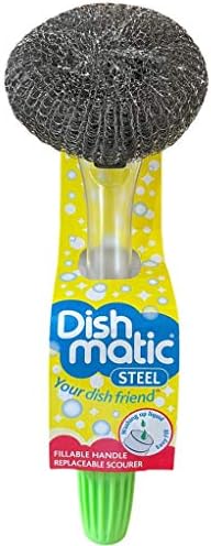 Наставка-пръчка за миене на съдове Dishmatic с дръжка за миене на съдове | Дозиране на сапун Стомана, Чистач, за съдове | Дюза за миене на съдове за Еднократна употреба с стъргало от неръждаема стомана (1)