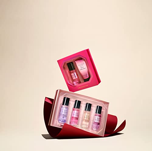 Подаръчен комплект на Victoria ' s Secret Fragrance Mist Collection Mini Mist от 4 теми: Любовни Гадания, Чисто Съблазняване, Нежна Ванилия и Кадифе венчелистчета.