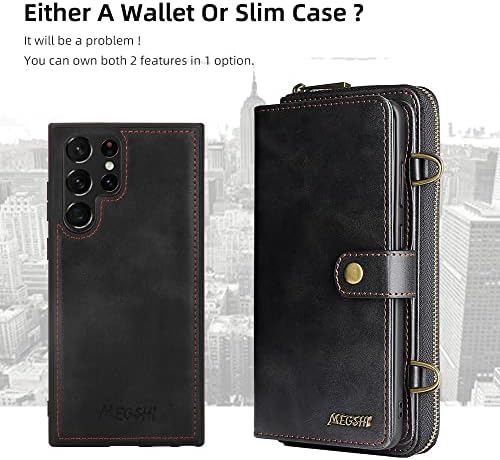 Чанта-портфейл icover Galaxy S22 Ultra, подвижни кожен калъф с магнитна основа на 2 в 1 с 12 отделения за карти, чанта веригата за през рамо за момичета, женски презрамка Samsung (черен)
