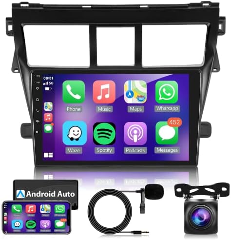 Автомобилна стерео система Android за Toyota VIOS Yaris въз основа на 2007-2012 с Apple Carplay, Rimoody 9-Инчов Сензорен екран радиото в колата с GPS навигация Bluetooth FM Hi-Fi Android Auto + AHD Резервно помещение