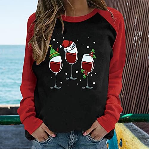Жена Случайни Raglan С кръгло деколте Цвят В Тон Рождественскому Кафе-Вино, тениски с дълъг ръкав, Отгоре в стил Мозайка С Дълъг Ръкав