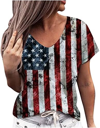 Тениска за Жени, Летен Пуловер с V-образно деколте и Къс Ръкав, Блузи с Принтом на Деня на Независимостта, Юбилейна Тениска, Блуза