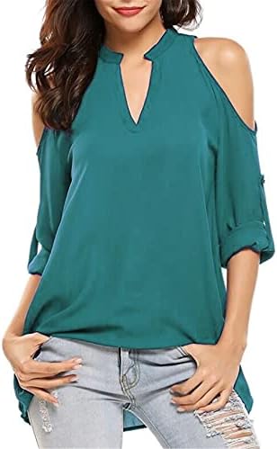 Дамски Однотонная тениска Andongnywell с открити рамене и Къс ръкав, Без Пуловер, Тениска с V-образно деколте