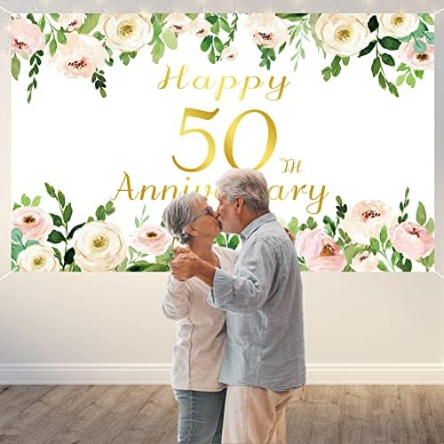 Vlipoeasn Елегантни Бели Декорации на 50-та годишнина от Сватбата си от Винил плат с Флорални пионом Розово Злато, на Фона на 50-годишнината от Сватбата на Двойката, Изненада за родителите, Поздрави с 50-Годишнината,