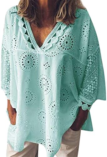 Andongnywell Дамски Секси Блуза с 3/4 ръкав, Лейси Вязаная на една Кука, Елегантна Блуза, Блузи, Риза, Отворена Риза