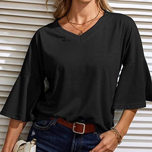 Блуза, Риза за Жени 2023 С Къс Ръкав-Клеш и Дълбоко V-образно деколте, От Памук Свободно Намаляване на Основните Риза за Късна закуска PW