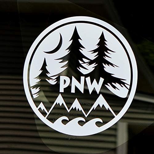 Кръг стикер PNW | 4 Бяло прозорец на колата или камиона /Стикер на Бронята|Планина, на брега на Океана и Дървета Уникален Дизайн за колата, лаптопа или бутилки с вода