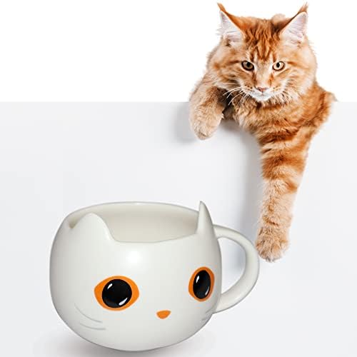 Чаша Brewish Котка за любителите на котки | Сладка чаша с капак под формата на Шапки на Вещици и Очарователна лъжица | Керамични Чаши за кафе и чай | Подарък за мама, татко, жени, деца-котки | 12 унции, Бял