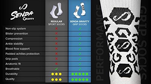Обувки за мини футбол, корта и футзала SENDA Ushuaia Pro 2.0 (8 мъже / 9 жени) и чорапи Gravity Grip Performance (черни / бели, големи, за мъже САЩ 8-12 / жени 9-13)