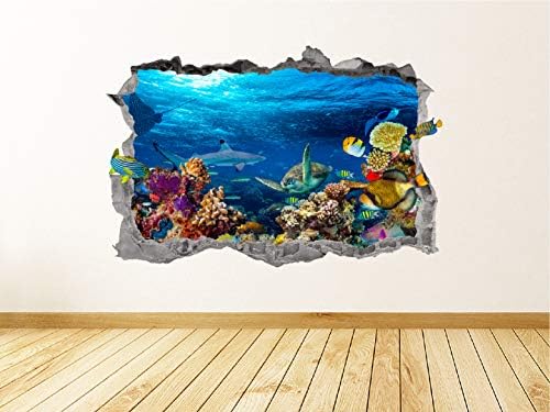 Морски живот Стикер на стената Изкуство Разби 3D Графика в морето Стикер На стената Стенен Плакат Декор на Детска стая Подарък UP376 (70 W x 46В см)