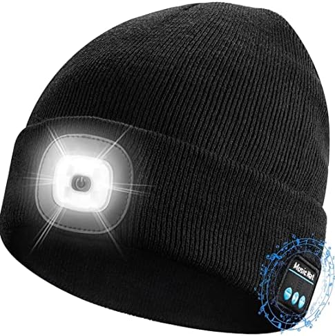 Bluetooth Шапчица-бини с подсветка, Налобный капачка със слушалки и вграден микрофон, Подаръци за мъже, жени и тийнейджъри. Черен