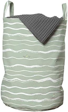 Закопчалката на Чантата за дрехи в морски стил, Фигура Боядисани ръчно вълни с Плаващи лодки, Кошница за дрехи с дръжки, Закрывающаяся на шнур, за пране, 13 x 19, Шалфейно-зелен Бял