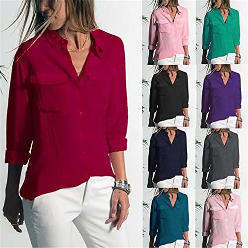 Andongnywell/ однотонная ежедневни риза с дълъг ръкав и ревери, риза с джобове, дамски дрехи, летни цветни потници
