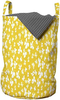 Жълто-бяла чанта за дрехи Ambesonne, Фигура с разпръснати пеперуди в Пробуждающих ярки цветове, Кошница за дрехи с дръжки, закрывающаяся на шнур, за пране, 13 x 19, Землисто-жълто и бяло